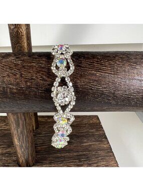 Vintage Silver-Tone Crystal Rhinestone Statement Bracelet With Adjustable Lobste